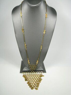Gold Tone Metal Triangle Pendant Necklace Faux Coin Vintage 1970 Bib Party